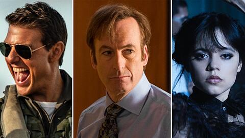 "Top Gun: Maverick" mit Tom Cruise, Bob Odenkirk in "Better Call Saul" und "Wednesday" mit Jenna Ortega gingen bei den Golden Globes leer aus (v.l.n.r.).