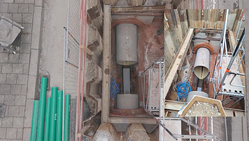 Die Einfahr-Baugrube an der Lilienstra&szlig;e 66: Nur an dieser Stelle ist der alte Kanal freigelegt, damit die neuen Rohre eingelassen werden k&ouml;nnen.