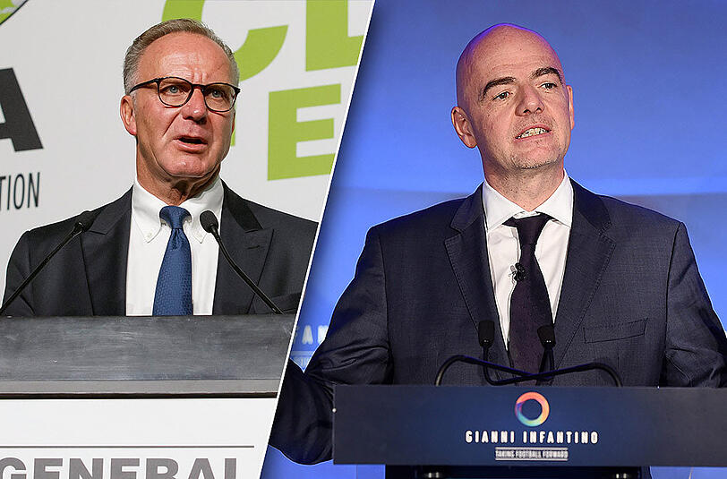 FIFA-Boss Gianni Infantino (r.): Ich bin ein Fan des Fußballs allgemein. Im Fußball - und das ist ja auch seine Magie - gehören sowohl die Kleinen als auch die Großen dazu." Er reagiert damit auf einen Vorschlag von Bayerns Vorstandsvorsitzenden Karl-Heinz Rummenigge.
