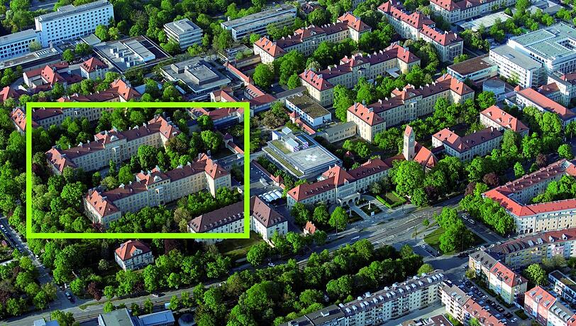Das Gelände des Schwabinger Krankenhauses in Schwabing-West. Innerhalb des gelben Rahmens wird saniert und umgebaut. Auf 7.794 Quadratmetern entstehen 132 Wohnungen fürs Pflegepersonal. Das Gelände des Schwabinger Krankenhauses in Schwabing-West. Innerhalb des gelben Rahmens wird saniert und umgebaut. Auf 7.794 Quadratmetern entstehen 132 Wohnungen fürs Pflegepersonal.