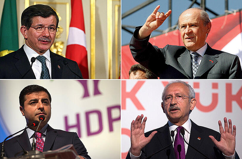 Ahmet Davutoglu (AKP, o.l.) will zunächst mit Kemal Kilicdaroglu (CHP, u.r.) sprechen, dann mit Devlet Bahceli (MHP, o.r.) und schließlich mit Selahattin Demirtas (HDP, u.l.).