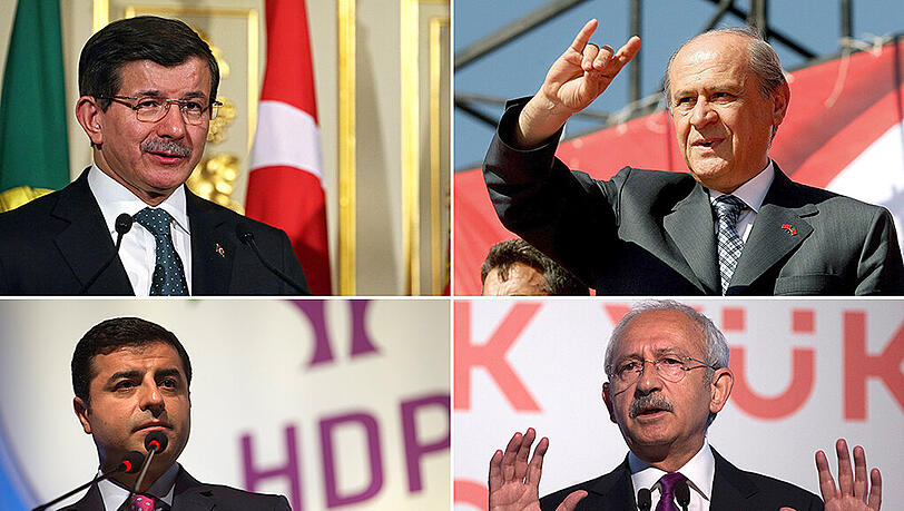 Ahmet Davutoglu (AKP, o.l.) will zunächst mit Kemal Kilicdaroglu (CHP, u.r.) sprechen, dann mit Devlet Bahceli (MHP, o.r.) und schließlich mit Selahattin Demirtas (HDP, u.l.). Ahmet Davutoglu (AKP, o.l.) will zunächst mit Kemal Kilicdaroglu (CHP, u.r.) sprechen, dann mit Devlet Bahceli (MHP, o.r.) und schließlich mit Selahattin Demirtas (HDP, u.l.).