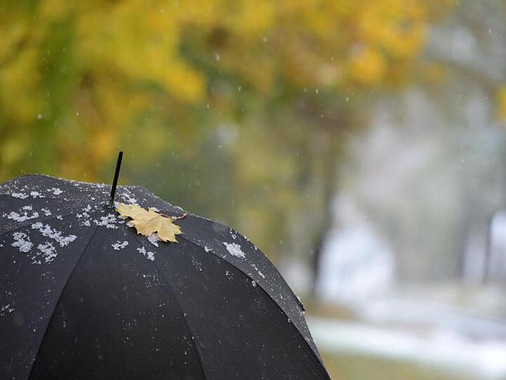 Auf einem Regenschirm liegen ein buntes Blatt und Schneeflocken. Foto: Stefan Puchner/Archiv