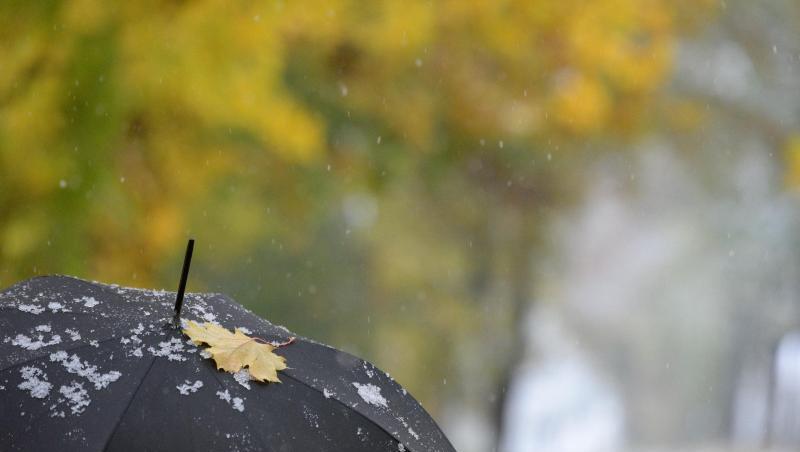 Auf einem Regenschirm liegen ein buntes Blatt und Schneeflocken. Foto: Stefan Puchner/Archiv Auf einem Regenschirm liegen ein buntes Blatt und Schneeflocken. Foto: Stefan Puchner/Archiv