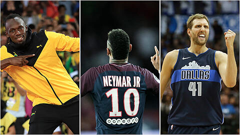 Usain Bolt (l.), Neymar (m.) oder Dirk Nowitzki &ndash; sie alle stellten im Sportjahr 2017 imposante Zahlen auf.