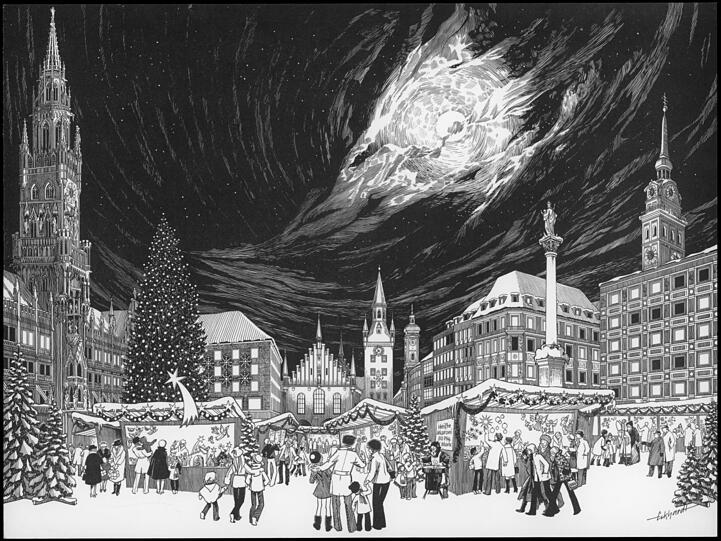 Dieses Kartenmotiv von 1975 zeigt den Christkindlmarkt auf dem damals noch recht neuen Standort Marienplatz.