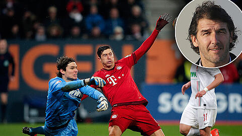 Das letzte Aufeinandertreffen: Im Februar gewann der FC Bayern mit Lewandowski (m.) gegen den FCA und Hitz (l.) mit 3:1.
