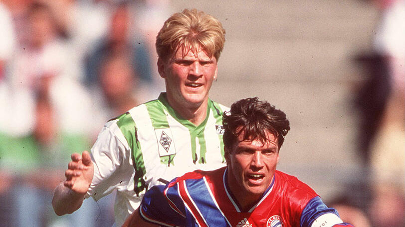 Anfangs Gegner, später Teamkollegen: Stefan Effenberg (hinten), damals noch bei Mönchengladbach, gegen Bayern-Kapitän Lothar Matthäus.