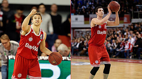 Versenkten sämtliche Dreier-Versuche und warfen den FC Bayern Basketball zum Rekord: Heiko Schaffartzik (l.) und Paul Zipser.