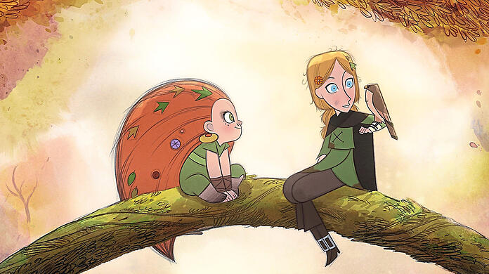 Freundinnen fürs Leben: Das wilde Wolfsmädchen Mebh (links) und Robyn mit ihrem Falken Merlyn. . Foto: Cartoon Saloon/Apple