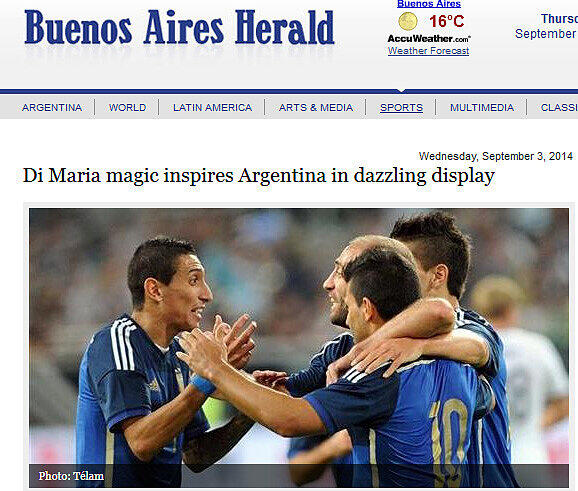 "Di Maria inspiriert argentinisches Feuerwerk", buenosairesherald.com (Argentinien)
