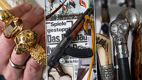 Handtasche mit Schlagring, Gewehre mit Bademantel-Gurt, Gehstöcke mit Schießfunktion - Impressionen aus dem Waffenmuseum des LKA in München.