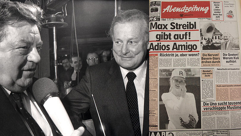 Die AZ ahnte den Sturz des Ministerpräsidenten voraus und titelte bereits in der Ausgabe vom 12. Mai 1993: "Max Streibl gibt auf! Adios Amigo" - er war Franz Josef Strauß (l.) 1988 als Ministerpräsident nachgefolgt. Die AZ ahnte den Sturz des Ministerpräsidenten voraus und titelte bereits in der Ausgabe vom 12. Mai 1993: "Max Streibl gibt auf! Adios Amigo" - er war Franz Josef Strauß (l.) 1988 als Ministerpräsident nachgefolgt.
