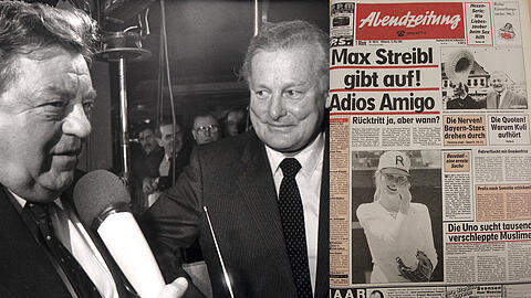 Die AZ ahnte den Sturz des Ministerpräsidenten voraus und titelte bereits in der Ausgabe vom 12. Mai 1993: "Max Streibl gibt auf! Adios Amigo" - er war Franz Josef Strauß (l.) 1988 als Ministerpräsident nachgefolgt.