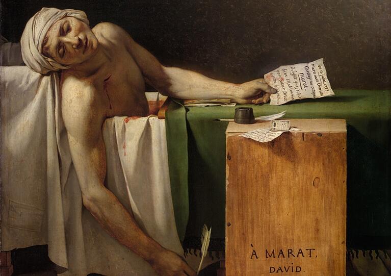 Jacques-Louis David inszeniert den „Tod des Marat“ 1793 im Stil des obersten christlichen Märtyrers. Dabei kombiniert er Caravaggios Kreuzabnahme mit der Grablegung, das ist ein Coup, der die Betrachter unmittelbar anrührt. Foto: Musées Royaux des Beaux-Arts de Belgique, Brüssel, J. Geleyns Jacques-Louis David inszeniert den „Tod des Marat“ 1793 im Stil des obersten christlichen Märtyrers. Dabei kombiniert er Caravaggios Kreuzabnahme mit der Grablegung, das ist ein Coup, der die Betrachter unmittelbar anrührt. Foto: Musées Royaux des Beaux-Arts de Belgique, Brüssel, J. Geleyns