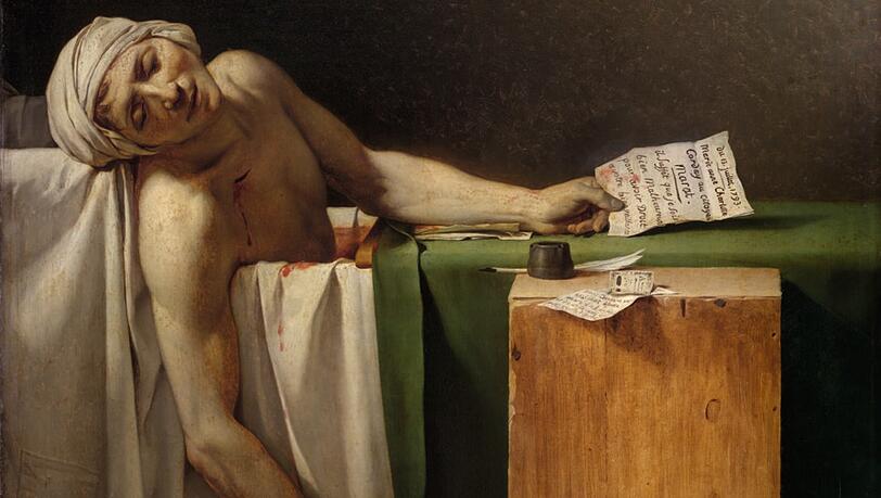 Jacques-Louis David inszeniert den „Tod des Marat“ 1793 im Stil des obersten christlichen Märtyrers. Dabei kombiniert er Caravaggios Kreuzabnahme mit der Grablegung, das ist ein Coup, der die Betrachter unmittelbar anrührt. Foto: Musées Royaux des Beaux-Arts de Belgique, Brüssel, J. Geleyns Jacques-Louis David inszeniert den „Tod des Marat“ 1793 im Stil des obersten christlichen Märtyrers. Dabei kombiniert er Caravaggios Kreuzabnahme mit der Grablegung, das ist ein Coup, der die Betrachter unmittelbar anrührt. Foto: Musées Royaux des Beaux-Arts de Belgique, Brüssel, J. Geleyns