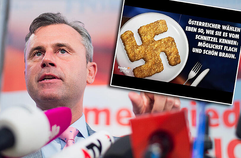 Die "heute-show" reagierte auf den Wahlerfolg von Norbert Hofer (l. FPÖ) mit diesem Post. Ein ehemaliger Parteigenosse hat dagegen jetzt Anzeige erstattet.