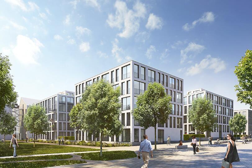 Mehrere kubus-artige Wohnblöcke stellen sich die Architekten bei Steindle vor. Hier der Blick von der Promenade, die bis 2019 fertiggestellt sein wird.