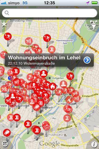 Tötung, Diebstahl, Körperverletzung
Wer wissen will, welche Delikte im eigenen Stadtviertel besonders häufig sind, sollte sich &bdquo;Verbrechen&ldquo; für 0,79 Euro auf das iPhone holen. Das Programm zeigt Straftaten aus der Vergangenheit, aber auch neueste Verstöße aus dem Polizeibericht in Symbolen auf einer Karte an. 
Christoph Maier