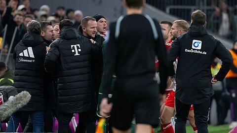 Trainer Nenad Bjelica von Berlin bekommt von Schiedsrichter Frank Willenborg nach einer Rangelei die rote Karte gezeigt.