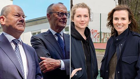 Olaf Scholz (l.) und Friedrich Merz bei einer Gedenkveranstaltung im Juli in Berlin und Cornelia Gröschel und Karin Hanczewski (r.) bei den Dreharbeiten zum letzten Dresden-"Tatort" mit Hanczewski (Ausstrahlung 2025).