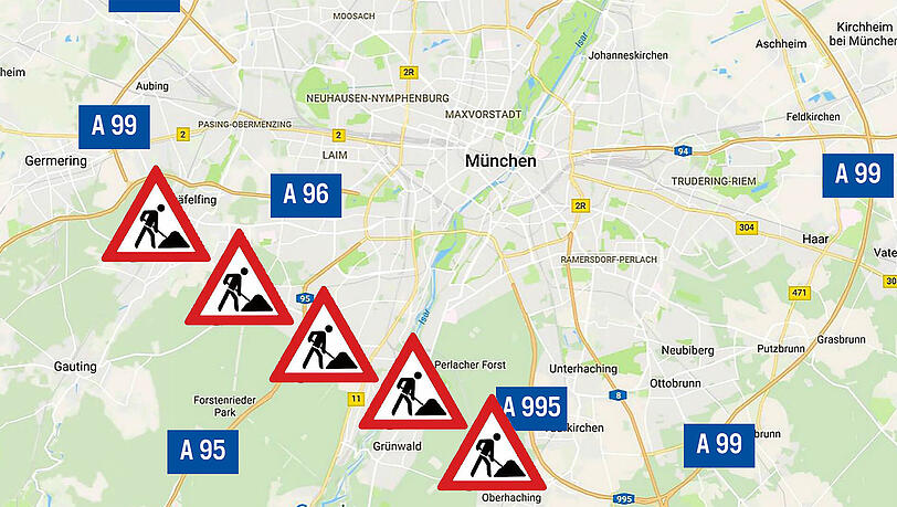 Kein echter Autobahnring: Die A99 läuft nicht um die ganze Stadt, im Süden und Südwesten ist die Autobahn unterbrochen. Kein echter Autobahnring: Die A99 läuft nicht um die ganze Stadt, im Süden und Südwesten ist die Autobahn unterbrochen.