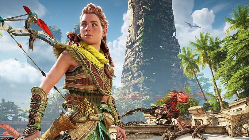 Blick gen Westen: Aloy in der postapokalyptischen Welt von "Horizon Forbidden West".