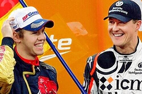 Nächstes Jahr wohl Rivalen auf der Rennbahn: Sebastian Vettel (l.) und Michael Schumacher.
