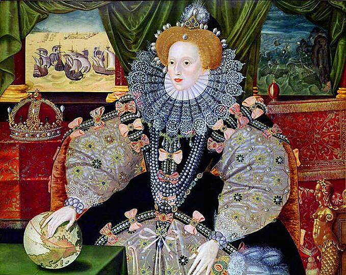 Nach Elisabeth I. ist die englische Renaissance benannt: Die Queen hat von 1558, da war sie erst 25, bis zu ihrem Tod 1603 das Land regiert. Die letzte Monarchin der Tudor-Dynastie ist hier um 1588 im ber&uuml;hmten Armada-Portr&auml;t dargestellt, das vermutlich von George Gower stammt. Elisabeth hat ihre Rechte auf die Weltkugel gelegt, der Anspruch ist &uuml;berdeutlich, der Untergang der spanischen Armada erst der Anfang.