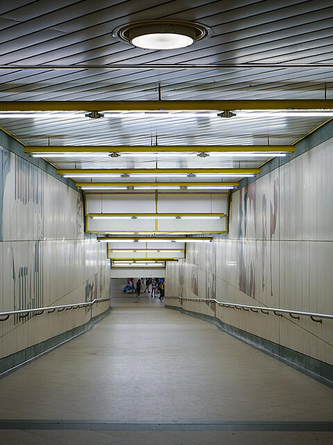 Die Rampe zum U-Bahnsteig: An den W&auml;nden finden sich verschiedene Tierabbildungen, angebracht von der K&uuml;nstlerin Ricarda Dietz. Darunter Nash&ouml;rner, Elefanten, Kamele, Pinguine und Geparden. Sie sollen die Besucher auf den nur wenige Gehminuten entfernten Tierpark Hellabrunn einstimmen.