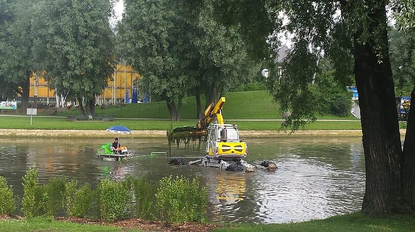 Weg mit dem Unterwassergewucher: Ein Bagger räumt den Olysee auf. Foto: Linda Jessen