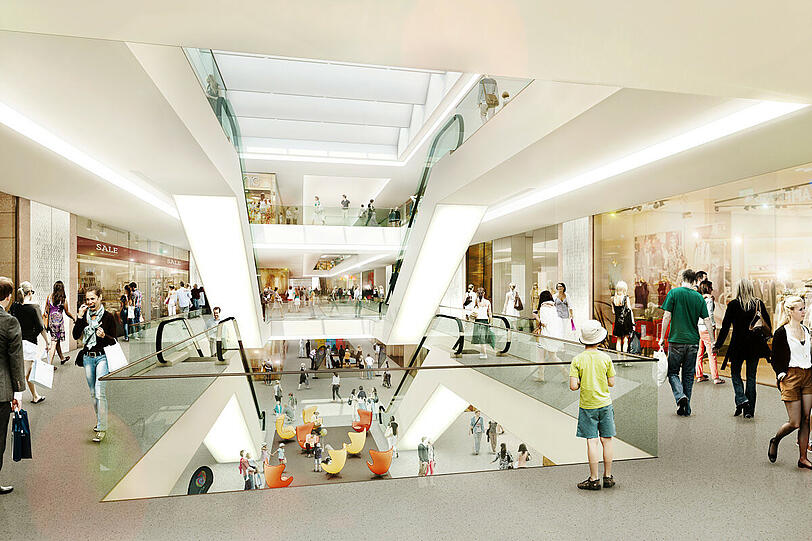 Modern und weitläufig: So stellen sich die Architekten das Einkaufszentrum innen vor.