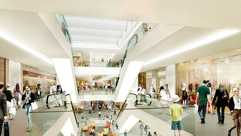 Modern und weitläufig: So stellen sich die Architekten das Einkaufszentrum innen vor. Modern und weitläufig: So stellen sich die Architekten das Einkaufszentrum innen vor.