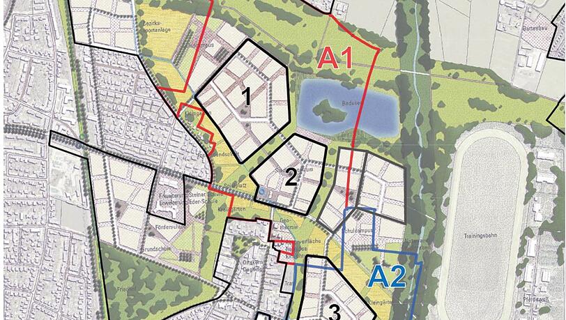 Das Olympische Dorf soll östlich der Glücksburgerstraße (1 und 2) und südwestlich der Pferderennbahn (3) in Daglfing gebaut werden.
