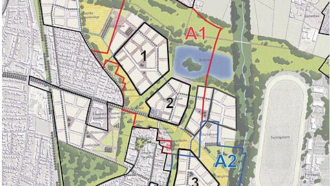 Das Olympische Dorf soll östlich der Glücksburgerstraße (1 und 2) und südwestlich der Pferderennbahn (3) in Daglfing gebaut werden.