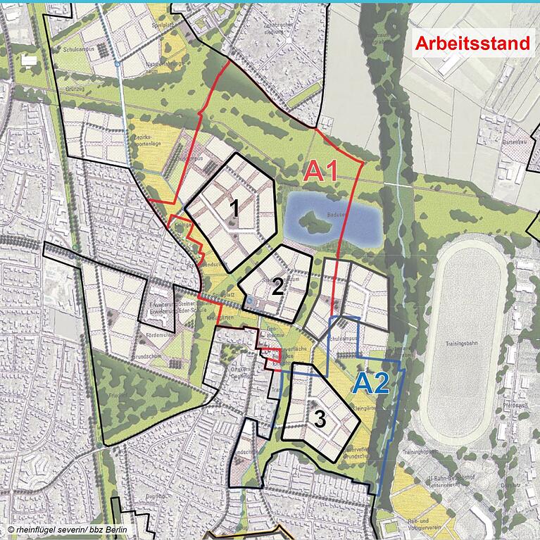 Das Olympische Dorf soll östlich der Glücksburgerstraße (1 und 2) und südwestlich der Pferderennbahn (3) in Daglfing gebaut werden.