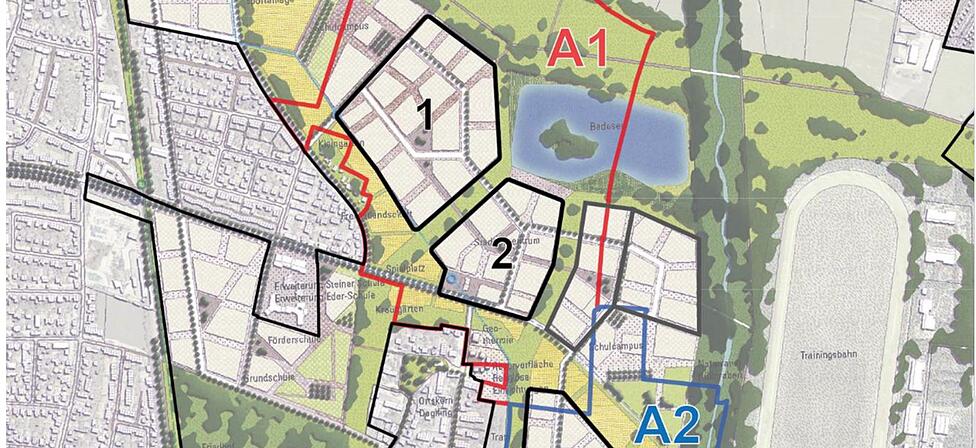 Das Olympische Dorf soll östlich der Glücksburgerstraße (1 und 2) und südwestlich der Pferderennbahn (3) in Daglfing gebaut werden.
