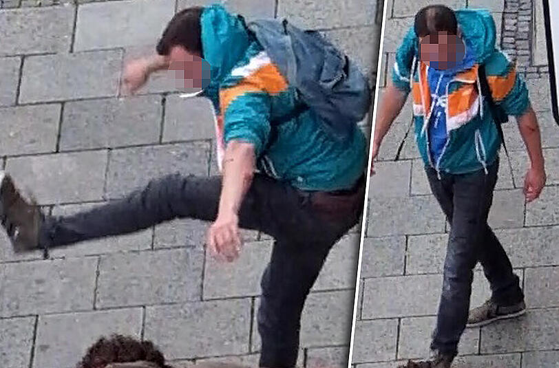 Aufnahmen aus dem Video der Anwohnerin. Links tritt der Überlegene seinem Kontrahenten mit voller Wucht gegen den Kopf. Rechts lässt er sein Opfer blutend auf dem Gehweg liegen.