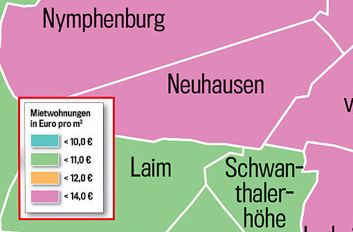 So teuer ist Wohnen in München! Die Münchner Stadtviertel sind in dieser Grafik je nach Quadratmeterpreis eingefärbt. Klicken Sie einfach durch die Quartiere.
