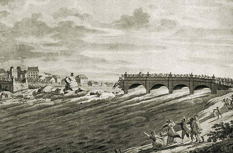 Die Isarbrücke stürzt in die Fluten und reißt 100 Schaulustige mit sich. Das Bild stammt aus Martin Arz&rsquo; Reiseführer über die Isarvorstadt.