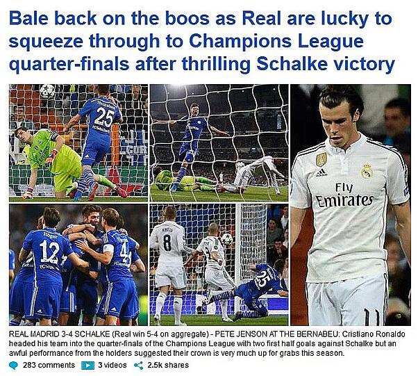 "Bale wieder ausgebuht als Real Madrid sich bei einem aufregenden Triumph der Schalker ins Viertelfinale der Championsleauge durchzwängt." titelt die britische Daily Mail.