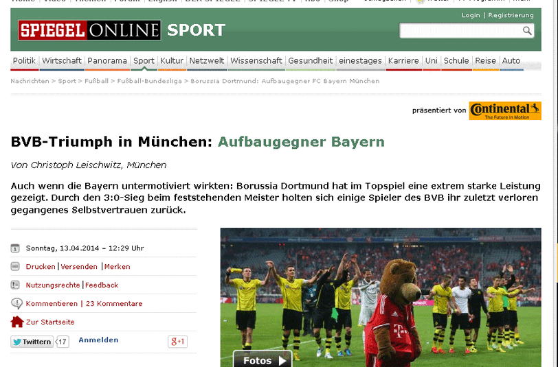 Für Spiegel online waren die Bayern am Samstag ein Aufbaugegner.