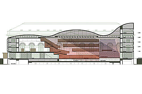 Auf der Freifläche hinter dem Marstall könnte ein Konzertsaal mit 1800 Plätzen entstehen. Unter dem ansteigenden Auditorium wäre auch Platz für eine Studiobühne.