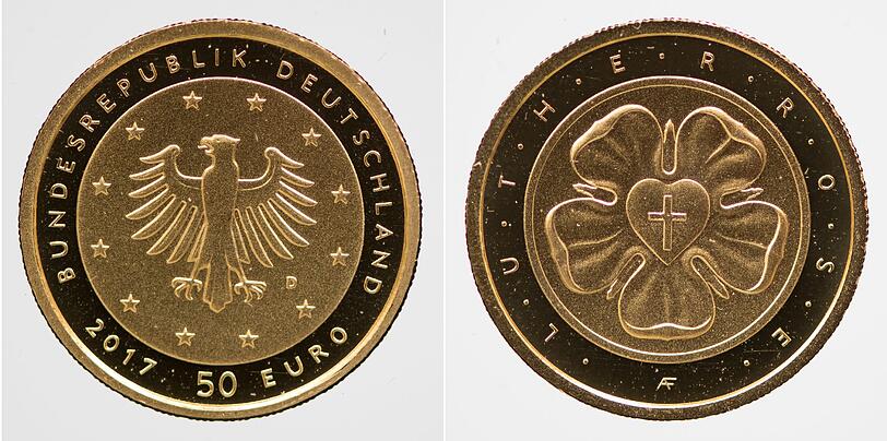 Vorder- und Rückseite der 50-Euro-Goldmünze "Lutherrose". Zum Vergrößern bitte anklicken.