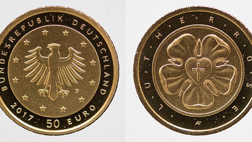 Vorder- und Rückseite der 50-Euro-Goldmünze "Lutherrose". Zum Vergrößern bitte anklicken. Vorder- und Rückseite der 50-Euro-Goldmünze "Lutherrose". Zum Vergrößern bitte anklicken.