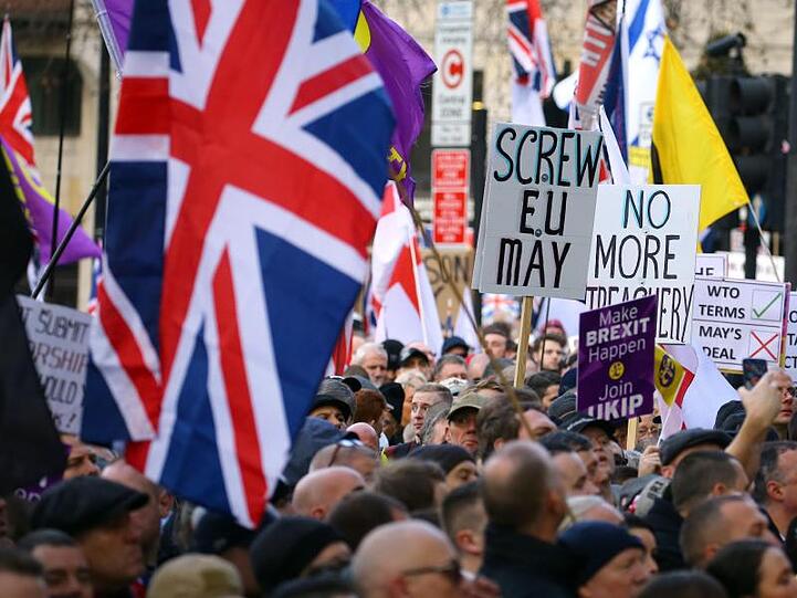 Teilnehmer der "Brexit Betrayal Rallye", einer Pro-Brexit-Demonstration, halten Fahnen und Schilder.