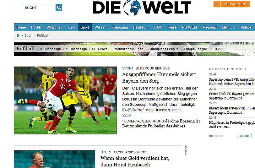 Vidal, Müller, Ancelotti? Nein! Für "Welt" steht FCB-Rückkehrer Mats Hummels beim Sieg des FC Bayern im Supercup im Mittelpunkt.