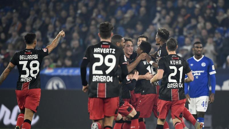 Die Spieler von Bayer Leverkusen bejubeln einen Treffer auf Schalke. Die Spieler von Bayer Leverkusen bejubeln einen Treffer auf Schalke.