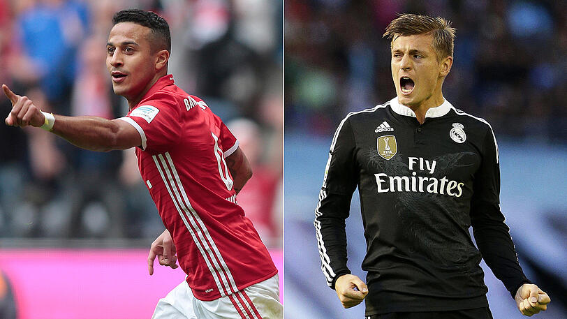 Einst Teamkollegen, jetzt Rivalen: Thiago vom FC Bayern und Toni Kroos von Real Madrid (rechts).