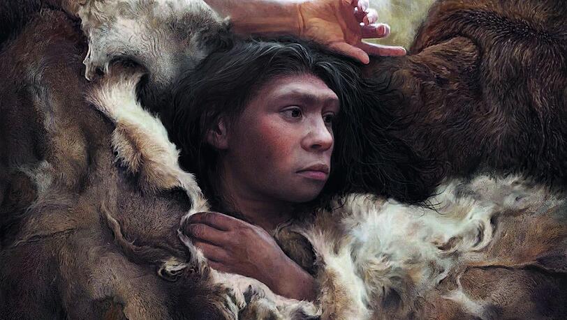 Im Zuge der neueren Forschung des 21. Jahrhunderts wurden die Neandertaler zu vorzeitlichen Menschen, die Zuneigung ausdrücken oder wie in der Abbildung sogar tagträumen können. Tom Björklund hat hier sehr eindringliche Rekonstruktionen geschaffen. Im Zuge der neueren Forschung des 21. Jahrhunderts wurden die Neandertaler zu vorzeitlichen Menschen, die Zuneigung ausdrücken oder wie in der Abbildung sogar tagträumen können. Tom Björklund hat hier sehr eindringliche Rekonstruktionen geschaffen.